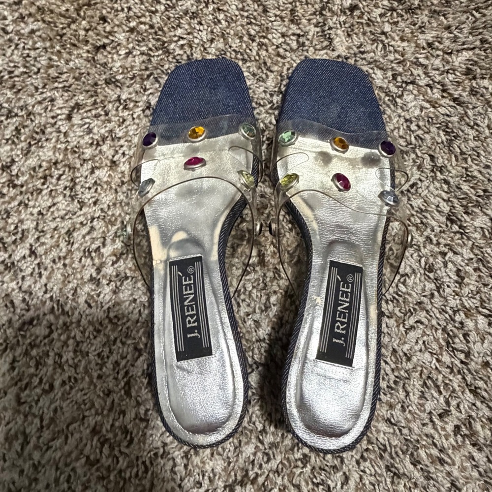 J. Renee Womens Blue Denim Clear Jewel Block Heel Slide Sandals Square Toe 7M
